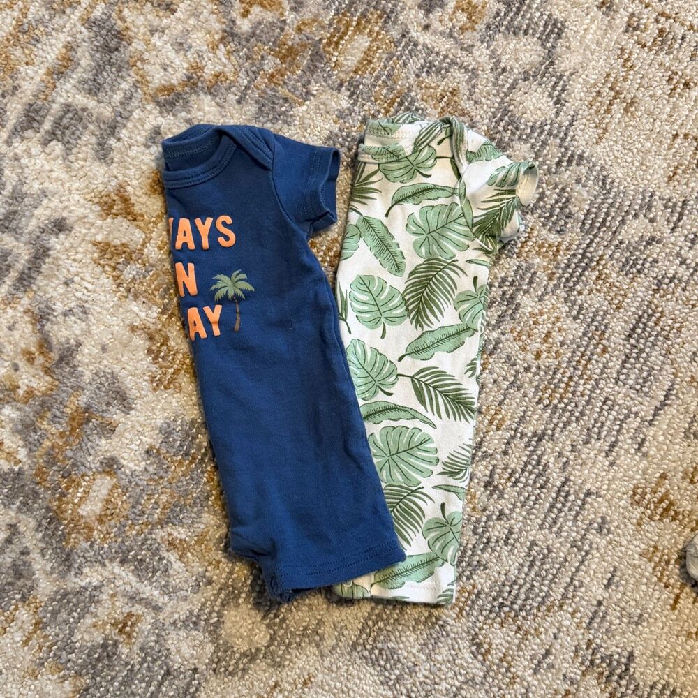 Hudson Baby 2 Piece Baby Bodysuit Lot Navy Blue, Tropical Palm Leaves